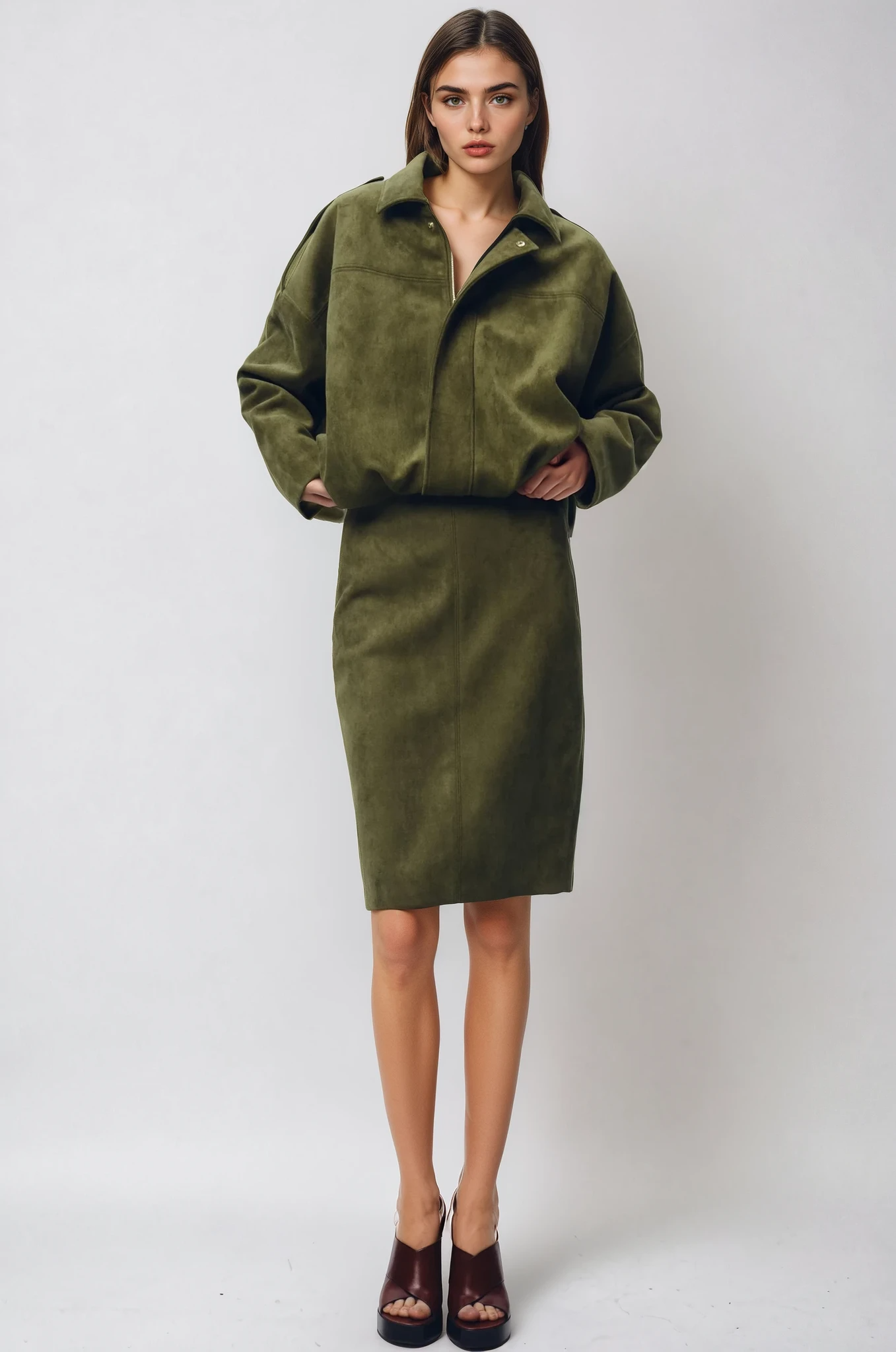 Rey | Oversized Cropped Jas Dames | Olijfgroen | Suède-Look | Streetwear & Casual | Lente & Herfst Overgangsjas