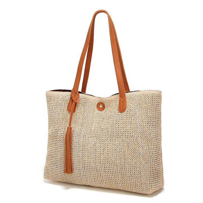 Santorini™ | Elegante Gevlochten Strandtas | Ruime & Lichtgewicht Tote met Leren Hengsels