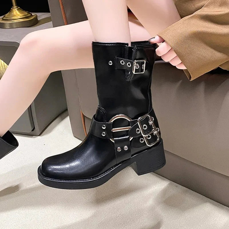 Ravella™ | Dames Biker Boots met Chunky Zool en Gespen | Stoere Leren Laarzen
