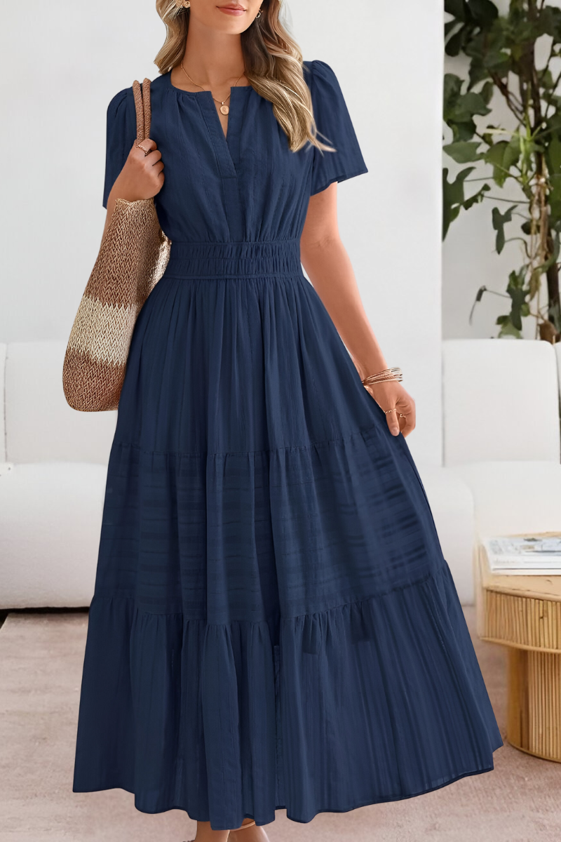 Elara | Maxi-Jurk Dames | Luchtige Zomerjurk | Korte Mouwen | A-Lijn met Gesmokte Taille | Zwierige Gelaagde Rok
