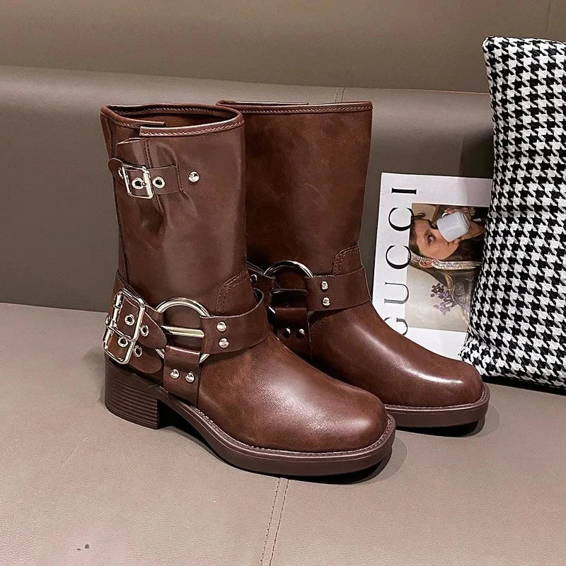 Ravella™ | Dames Biker Boots met Chunky Zool en Gespen | Stoere Leren Laarzen