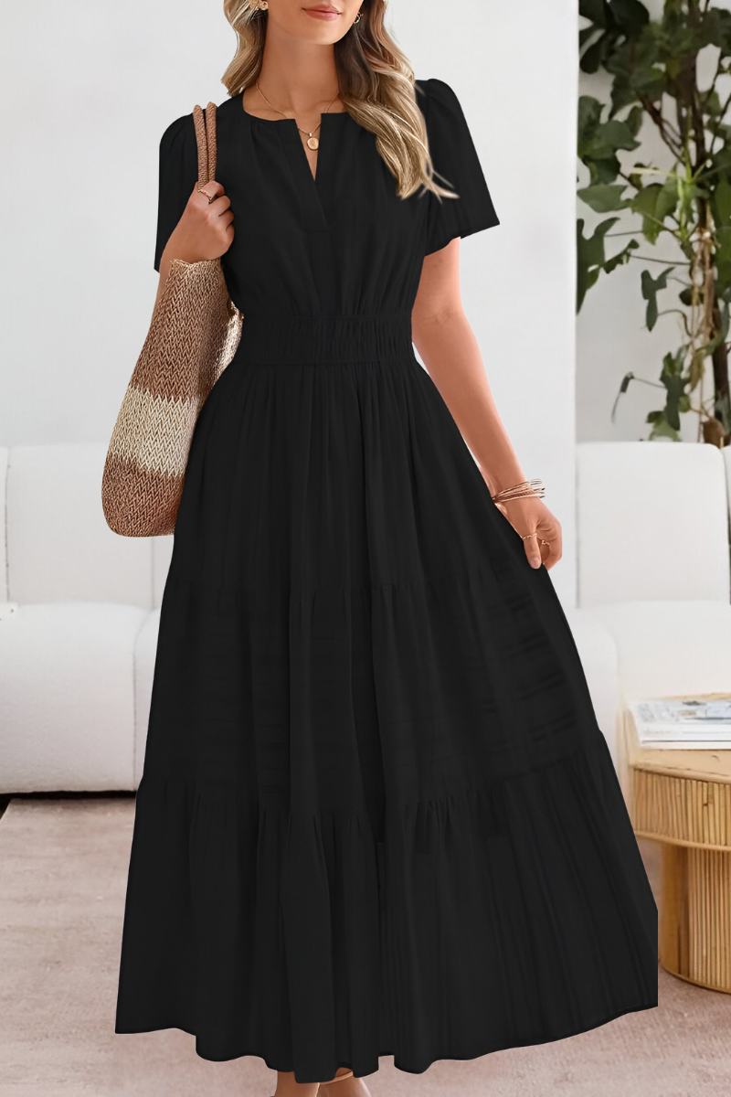 Elara | Maxi-Jurk Dames | Luchtige Zomerjurk | Korte Mouwen | A-Lijn met Gesmokte Taille | Zwierige Gelaagde Rok