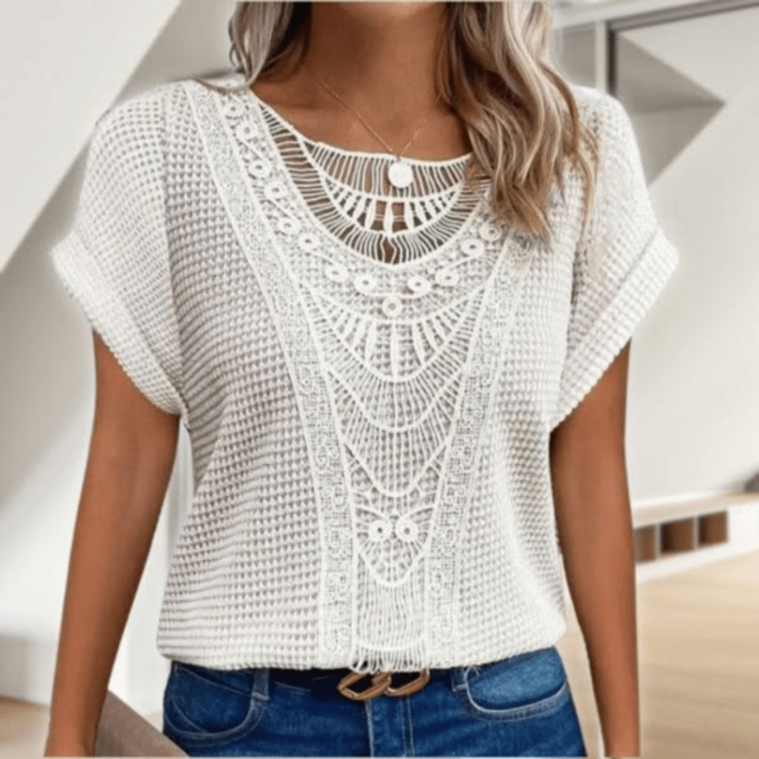 Raya | Gebreide Dames Top | Luchtige Zomer Top | Korte Mouwen | Gehaakte Boho Details | Losvallend & Ademend