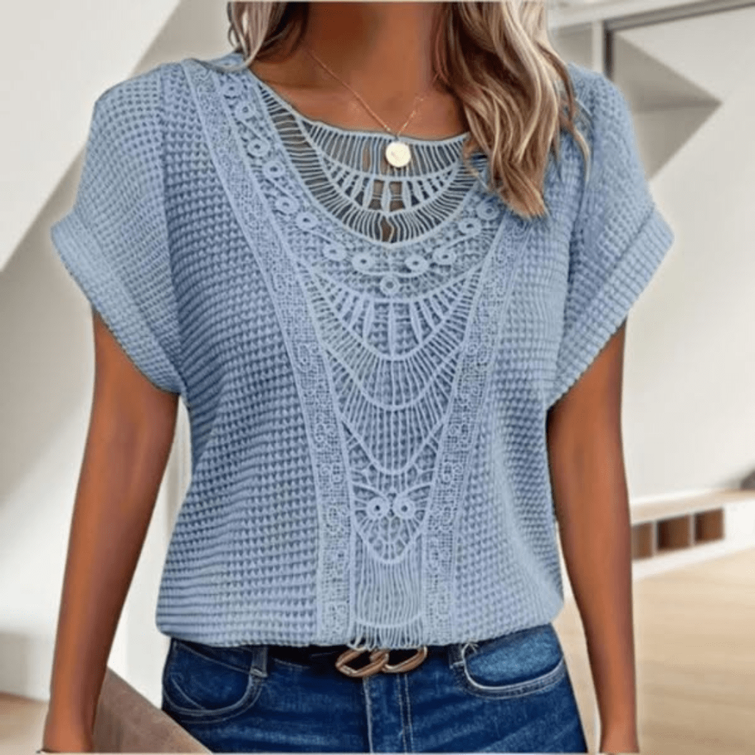 Raya | Gebreide Dames Top | Luchtige Zomer Top | Korte Mouwen | Gehaakte Boho Details | Losvallend & Ademend