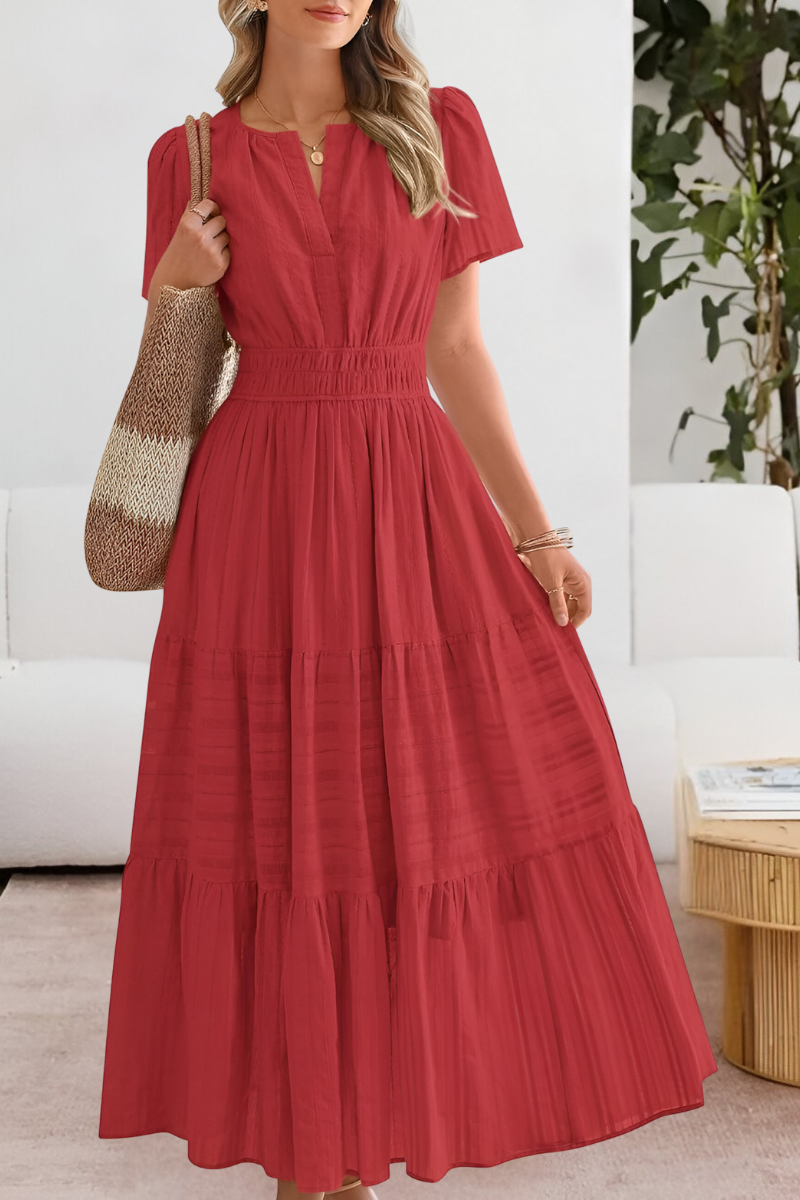 Elara | Maxi-Jurk Dames | Luchtige Zomerjurk | Korte Mouwen | A-Lijn met Gesmokte Taille | Zwierige Gelaagde Rok