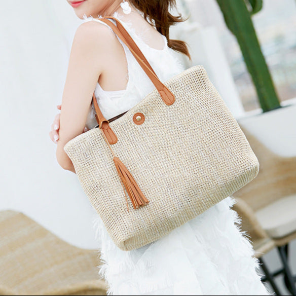 Santorini™ | Elegante Gevlochten Strandtas | Ruime & Lichtgewicht Tote met Leren Hengsels