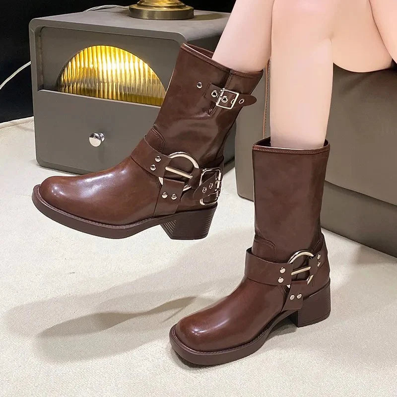 Ravella™ | Dames Biker Boots met Chunky Zool en Gespen | Stoere Leren Laarzen
