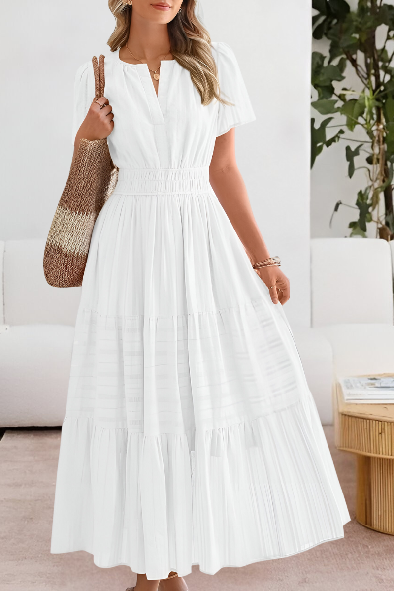 Elara | Maxi-Jurk Dames | Luchtige Zomerjurk | Korte Mouwen | A-Lijn met Gesmokte Taille | Zwierige Gelaagde Rok