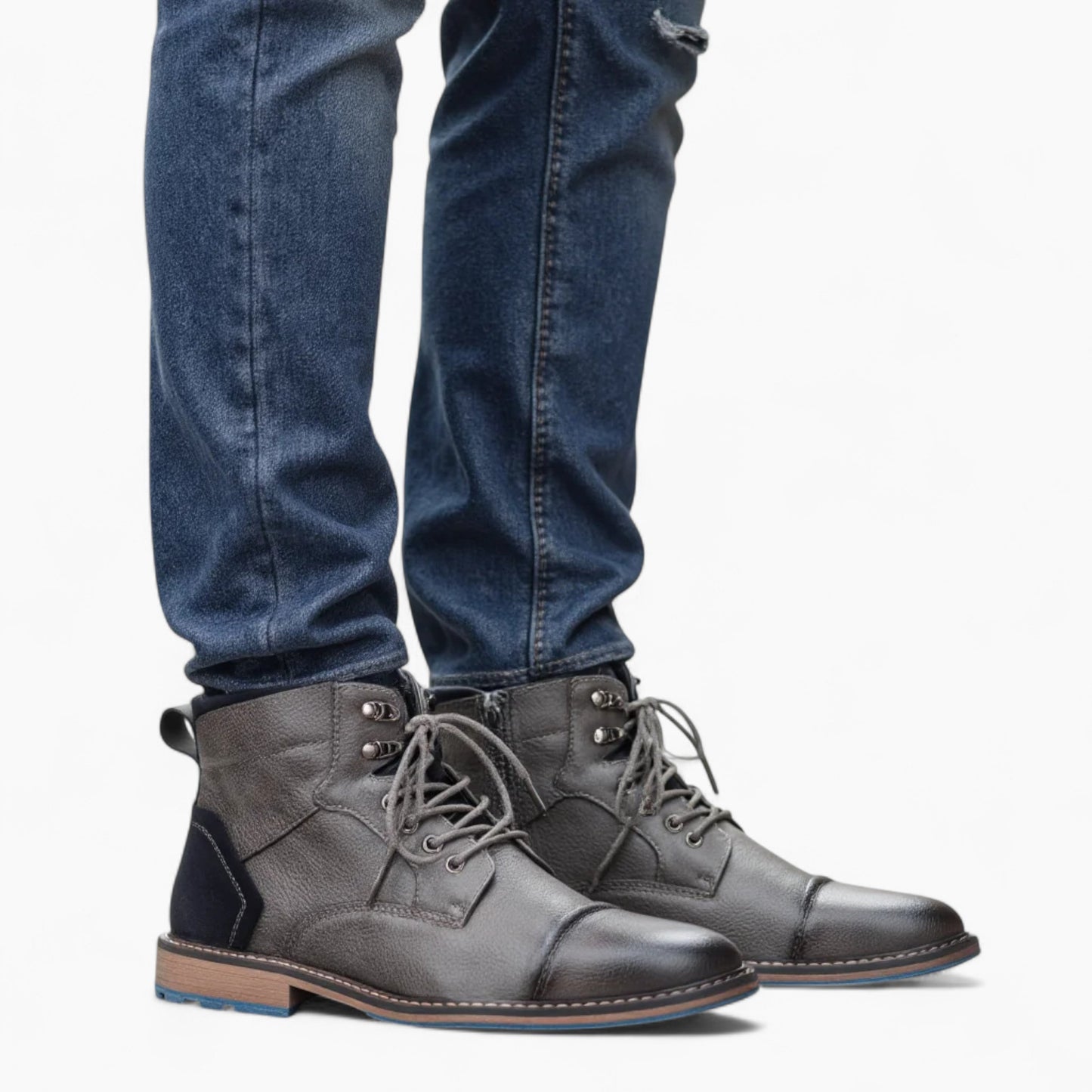 Bastien | Leren Heren Veterboots Met Blauwe Zool