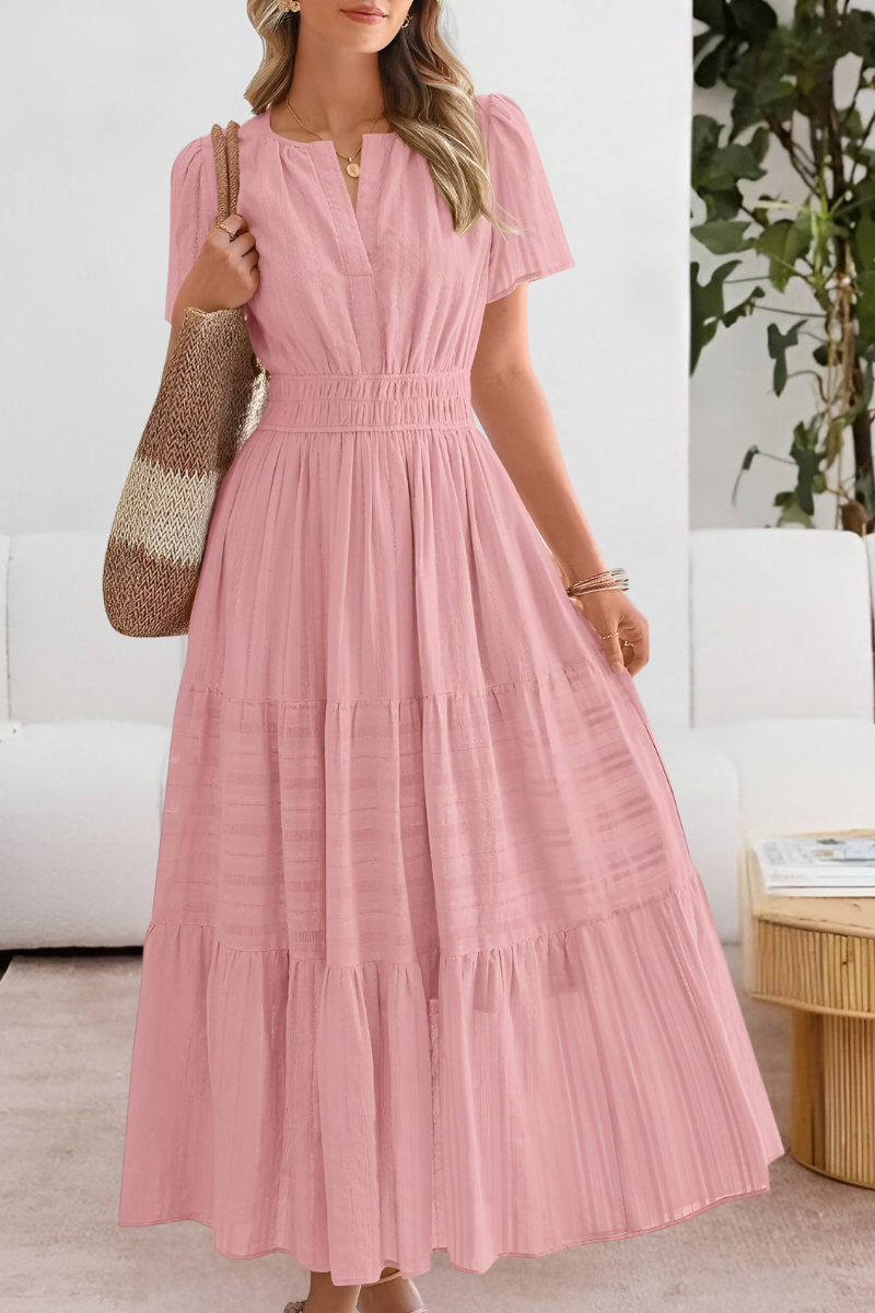 Elara | Maxi-Jurk Dames | Luchtige Zomerjurk | Korte Mouwen | A-Lijn met Gesmokte Taille | Zwierige Gelaagde Rok