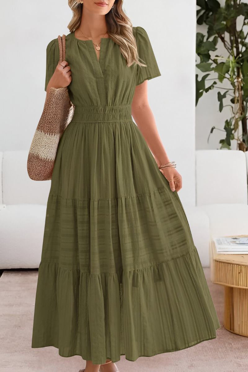 Elara | Maxi-Jurk Dames | Luchtige Zomerjurk | Korte Mouwen | A-Lijn met Gesmokte Taille | Zwierige Gelaagde Rok