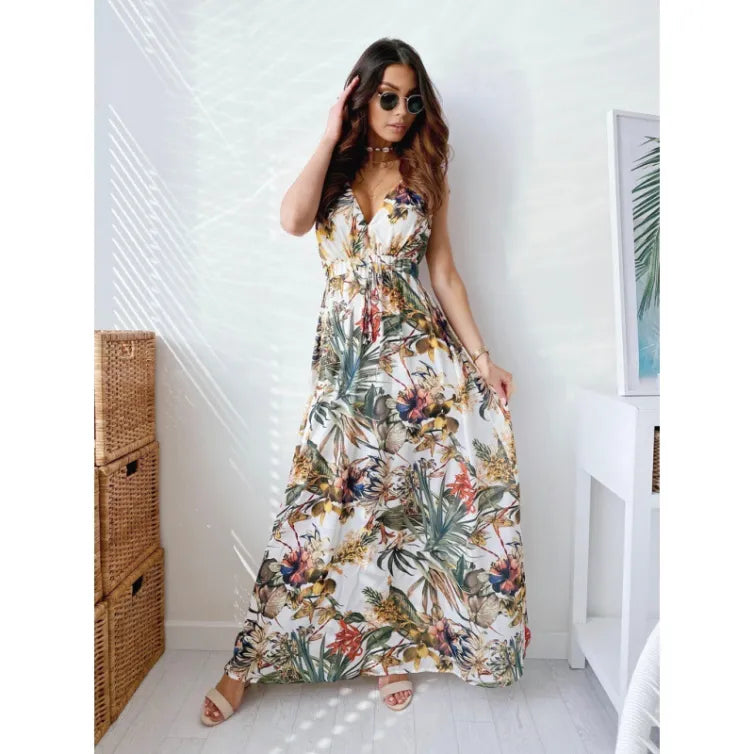 Aluna | Mouwloze Maxi-Jurk Dames | Luchtige Zomerjurk | V-Hals | Zwierige Bladprint | Strand Festival Jurk