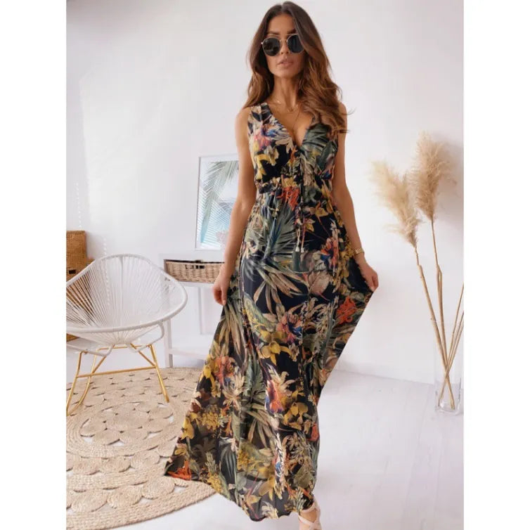 Aluna | Mouwloze Maxi-Jurk Dames | Luchtige Zomerjurk | V-Hals | Zwierige Bladprint | Strand Festival Jurk