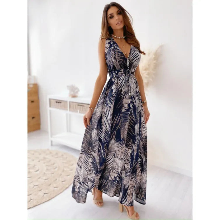 Aluna | Mouwloze Maxi-Jurk Dames | Luchtige Zomerjurk | V-Hals | Zwierige Bladprint | Strand Festival Jurk