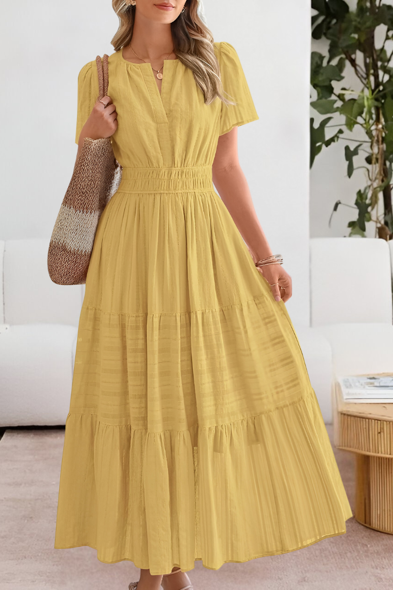 Elara | Maxi-Jurk Dames | Luchtige Zomerjurk | Korte Mouwen | A-Lijn met Gesmokte Taille | Zwierige Gelaagde Rok
