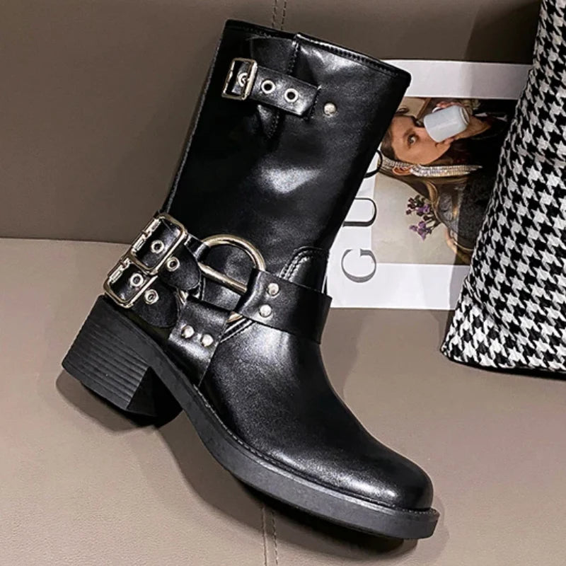 Ravella™ | Dames Biker Boots met Chunky Zool en Gespen | Stoere Leren Laarzen