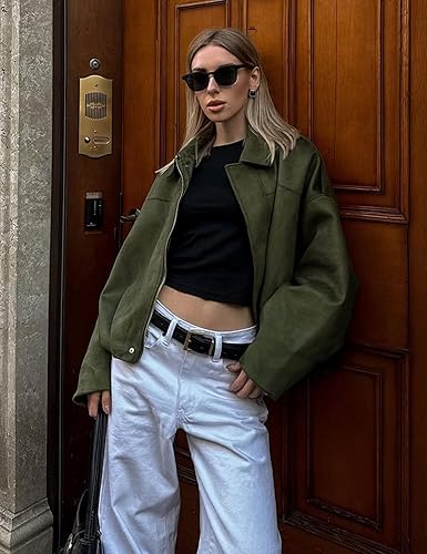 Rey | Oversized Cropped Jas Dames | Olijfgroen | Suède-Look | Streetwear & Casual | Lente & Herfst Overgangsjas