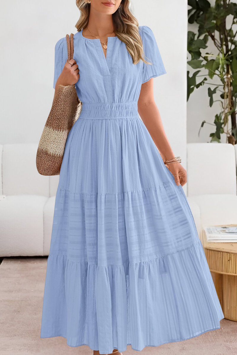 Elara | Maxi-Jurk Dames | Luchtige Zomerjurk | Korte Mouwen | A-Lijn met Gesmokte Taille | Zwierige Gelaagde Rok