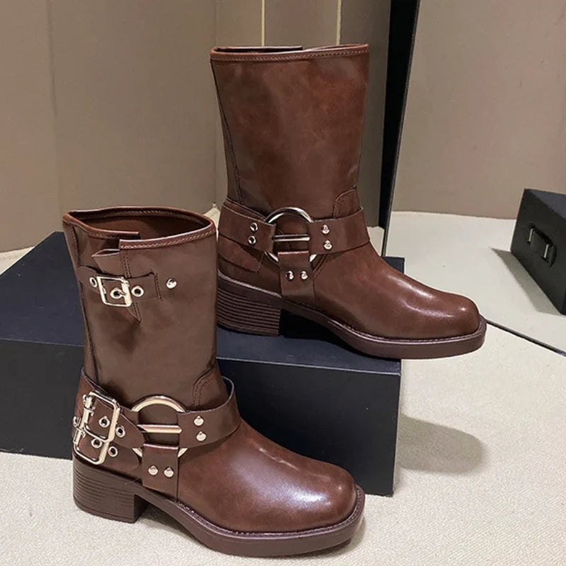 Ravella™ | Dames Biker Boots met Chunky Zool en Gespen | Stoere Leren Laarzen