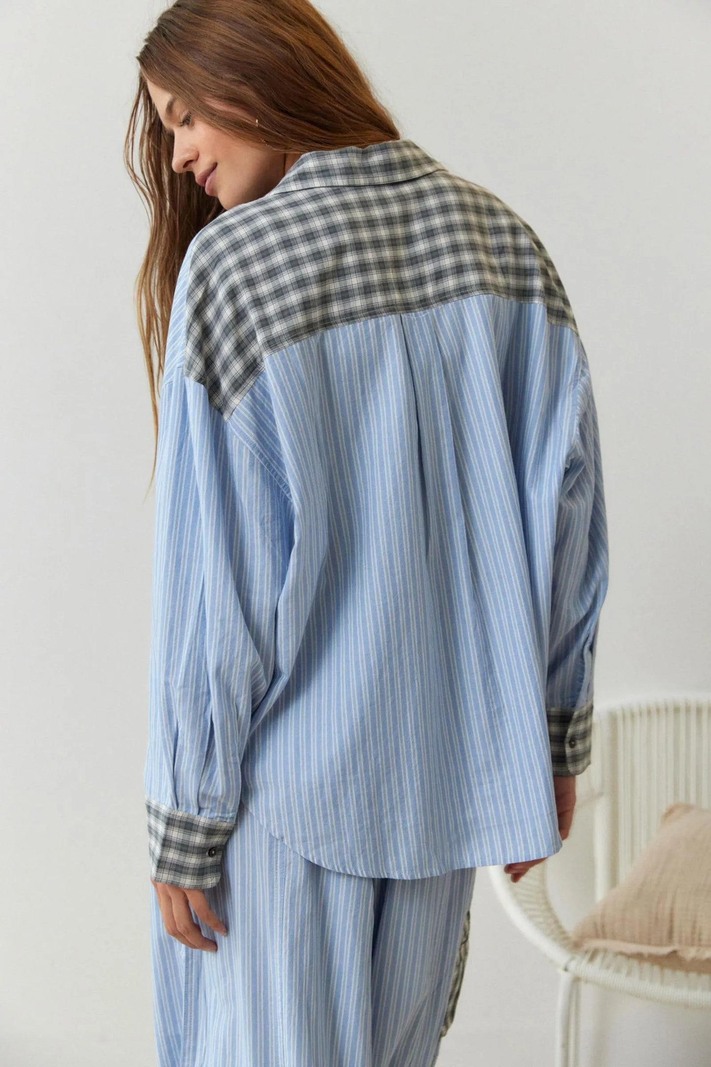 Camille | Katoenen Pyjama Set Dames Met Streep-Ruit Mix & Strikbroek