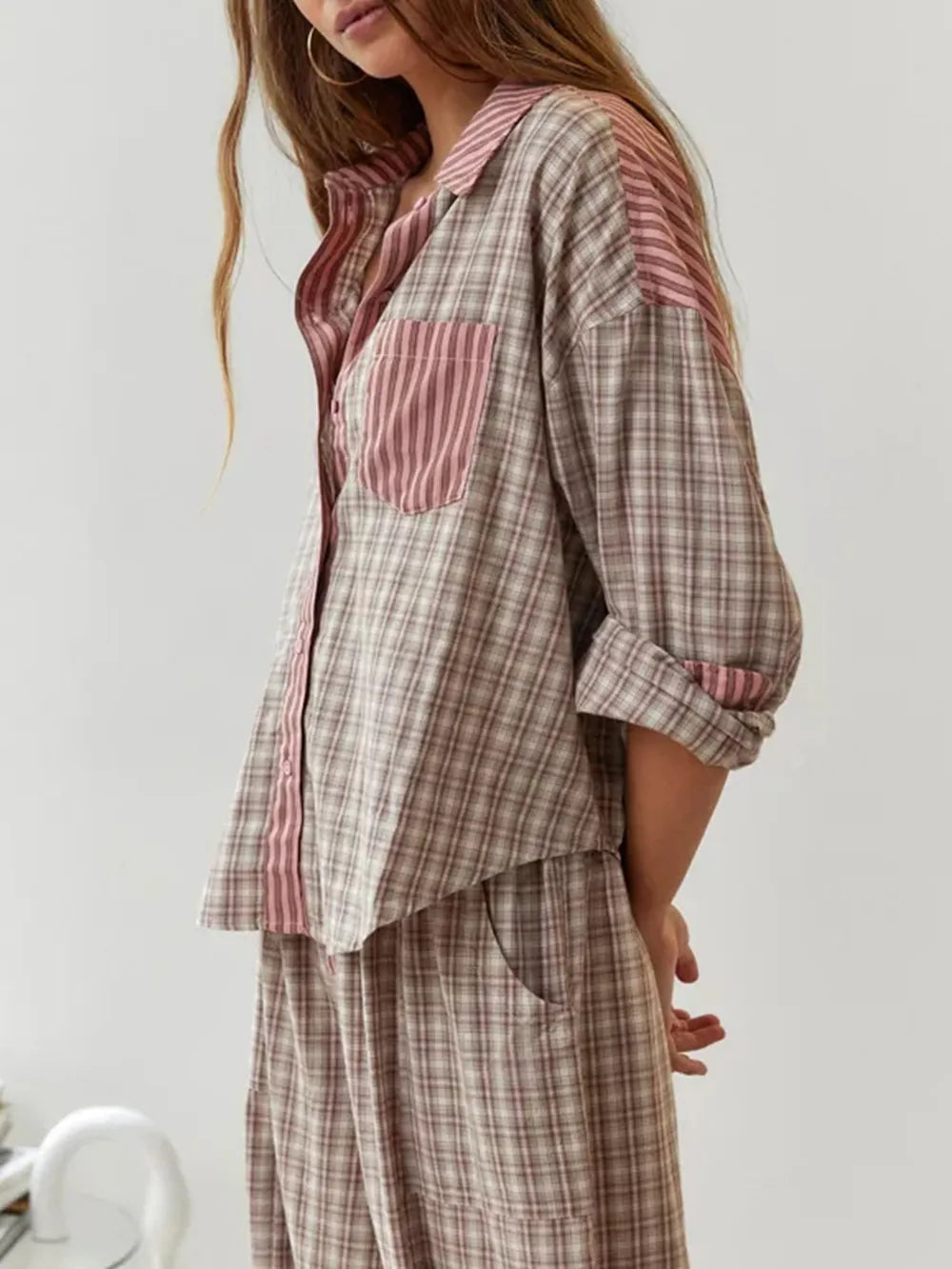 Camille | Katoenen Pyjama Set Dames Met Streep-Ruit Mix & Strikbroek