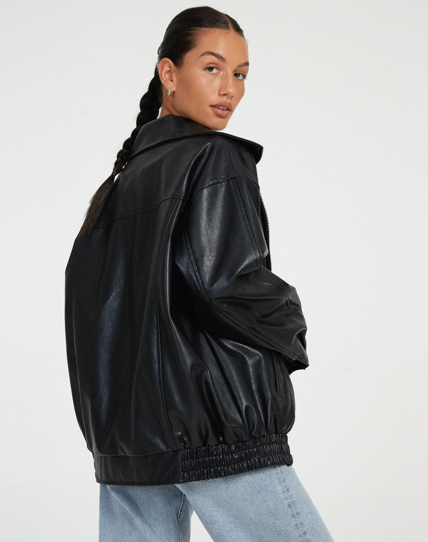 Marzena™ | Dames Oversized Faux Leren Jack | Donkerbruin Retro Bomberjack met Ritssluiting en Steekzakken