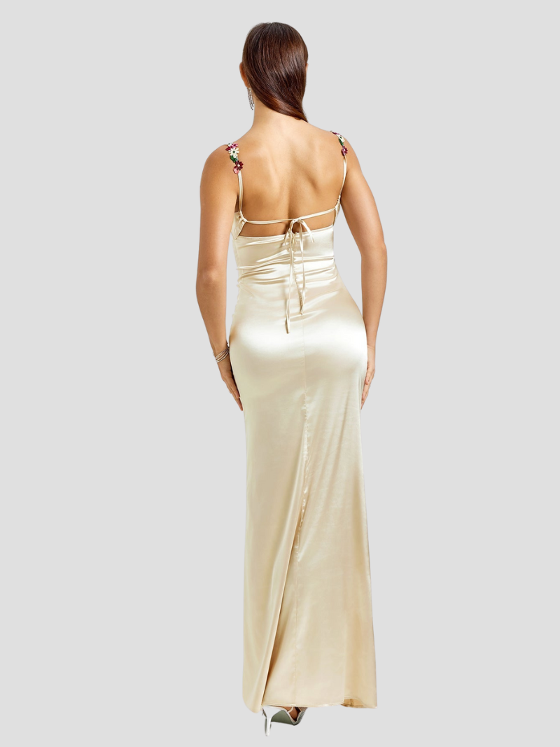 Serelina™ | Dames Satijnen Avondjurk met Bloemenbandjes | Luxe Gala Maxi-Jurk met Watervalhals en Glanzende Aansluitende Pasvorm