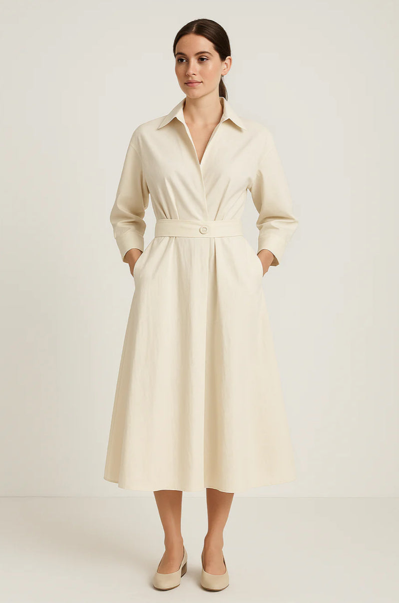 Margot | Katoenen Hemdjapon Dames | Midi Jurk met Tailleceintuur | Driekwartmouwen & Zakken | Casual Chic