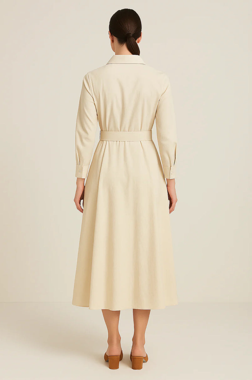 Margot | Katoenen Hemdjapon Dames | Midi Jurk met Tailleceintuur | Driekwartmouwen & Zakken | Casual Chic