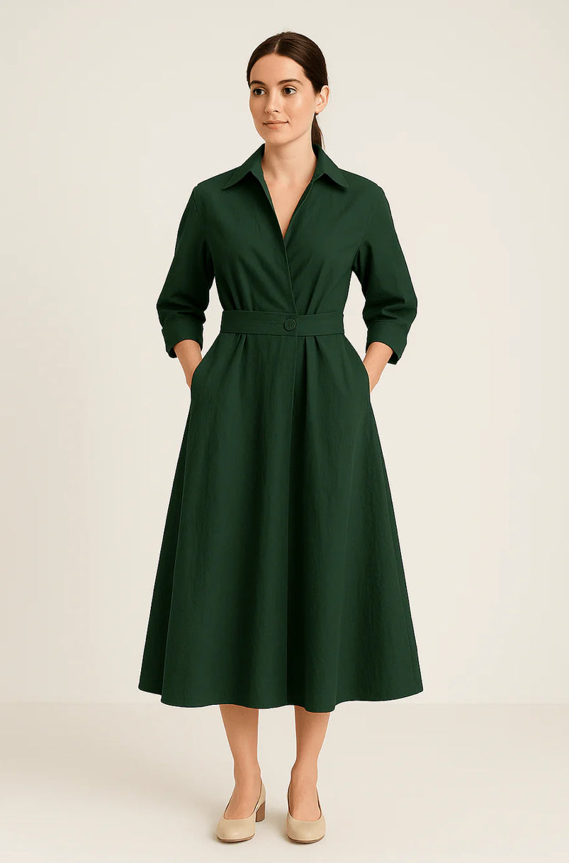 Margot | Katoenen Hemdjapon Dames | Midi Jurk met Tailleceintuur | Driekwartmouwen & Zakken | Casual Chic