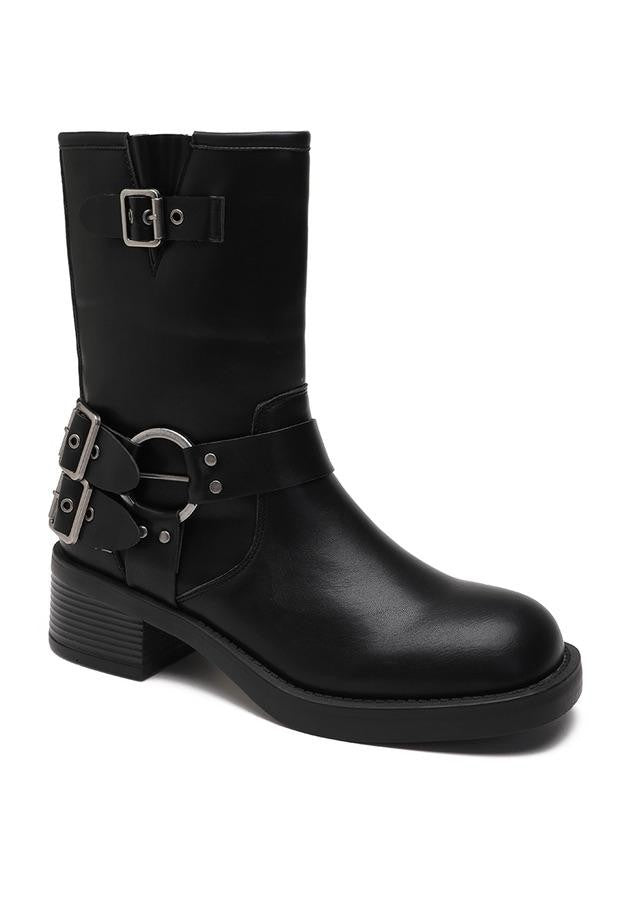 Ravella™ | Dames Biker Boots met Chunky Zool en Gespen | Stoere Leren Laarzen