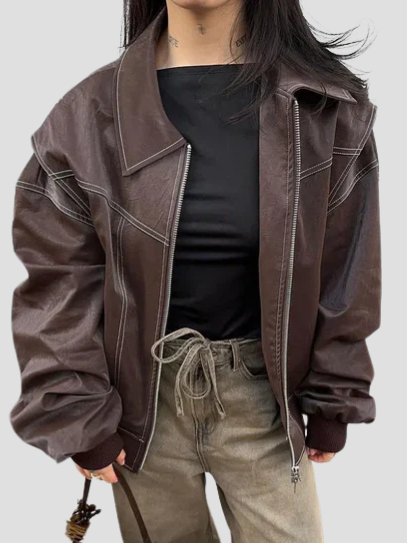 Zarielleβ’ | Dames Oversized Leren Jas met Cropped Fit | Stoer Imitatieleer Streetwear Bikerjack