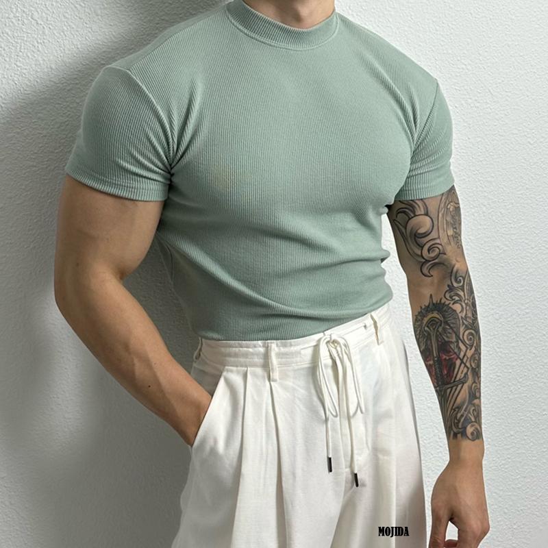 Elian | Fitted T-Shirt Heren | Ribgebreid Shirt met Opstaande Kraag & Korte Mouwen