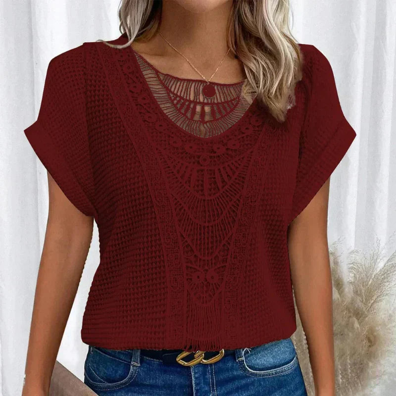 Raya | Gebreide Dames Top | Luchtige Zomer Top | Korte Mouwen | Gehaakte Boho Details | Losvallend & Ademend
