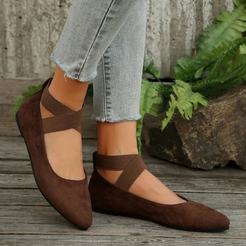 Lunelle™ | Dames Instapschoenen met Kruisband | Comfortabele Suèdelook Flats met Spitse Neus en Elastische Ballerina-Stijl