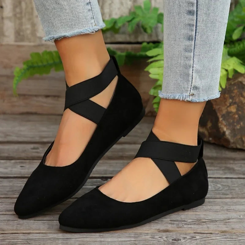 Lunelle™ | Dames Instapschoenen met Kruisband | Comfortabele Suèdelook Flats met Spitse Neus en Elastische Ballerina-Stijl