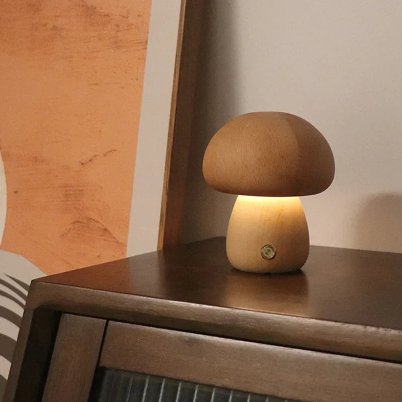 MushLume™ | Houten Tafellamp met Touchbediening | Sfeervolle Oplaadbare LED Verlichting met Warme Gloed