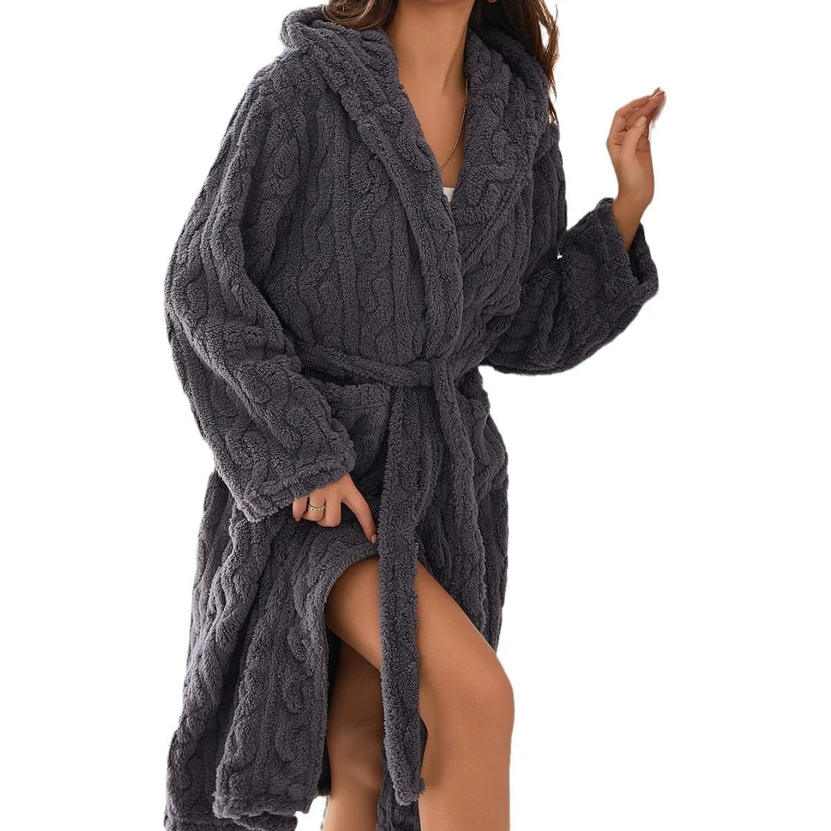 Marielle | Fluffy Badjas met Capuchon en Kabelstructuur Dames
