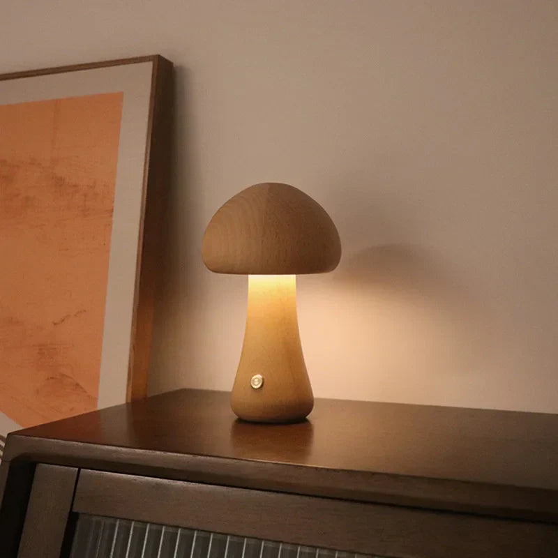 MushLume™ | Houten Tafellamp met Touchbediening | Sfeervolle Oplaadbare LED Verlichting met Warme Gloed