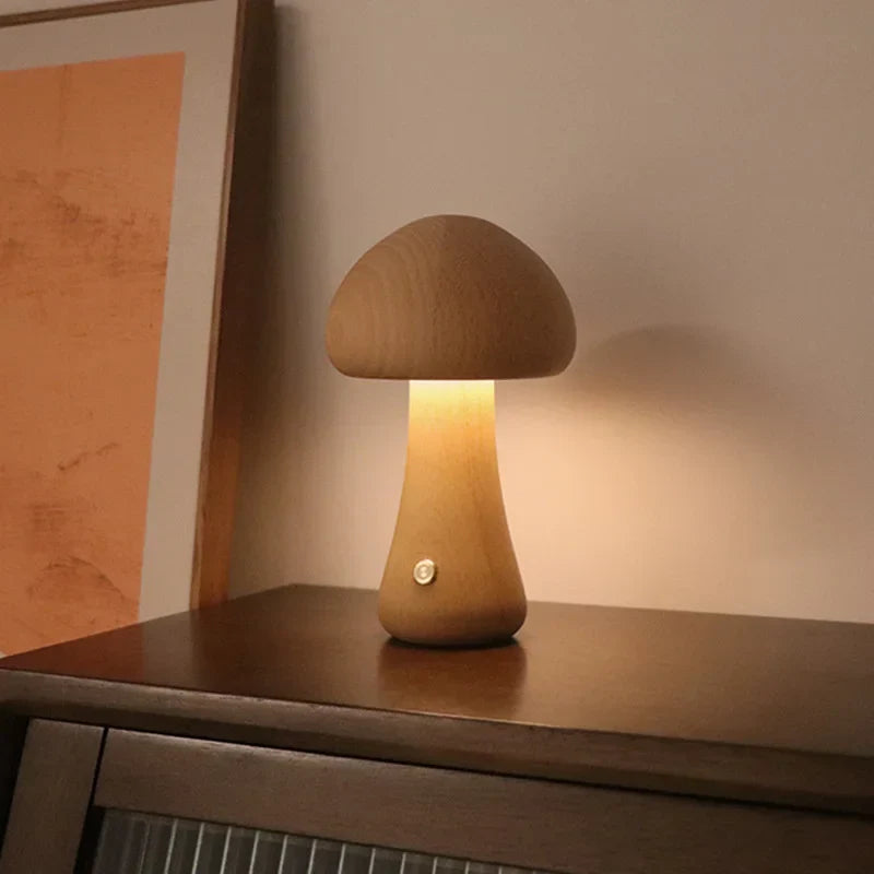 MushLume™ | Houten Tafellamp met Touchbediening | Sfeervolle Oplaadbare LED Verlichting met Warme Gloed