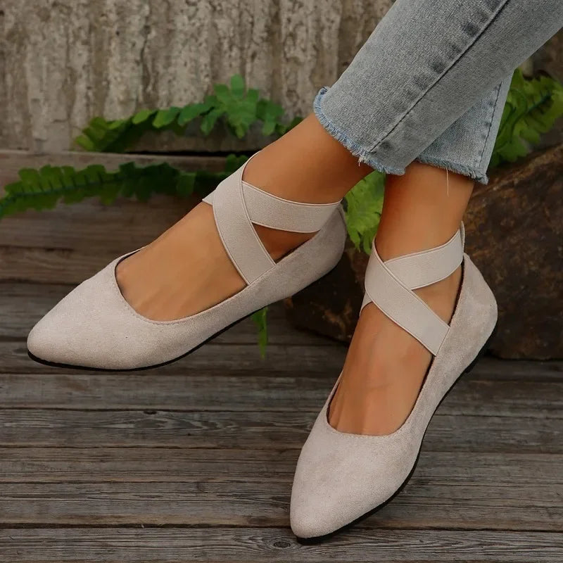 Lunelle™ | Dames Instapschoenen met Kruisband | Comfortabele Suèdelook Flats met Spitse Neus en Elastische Ballerina-Stijl