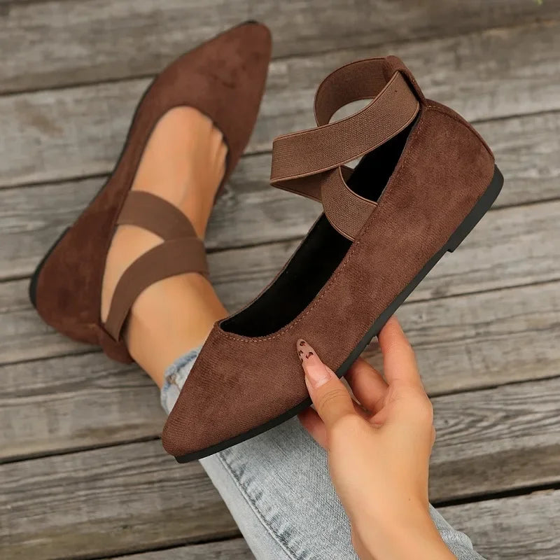Lunelle™ | Dames Instapschoenen met Kruisband | Comfortabele Suèdelook Flats met Spitse Neus en Elastische Ballerina-Stijl