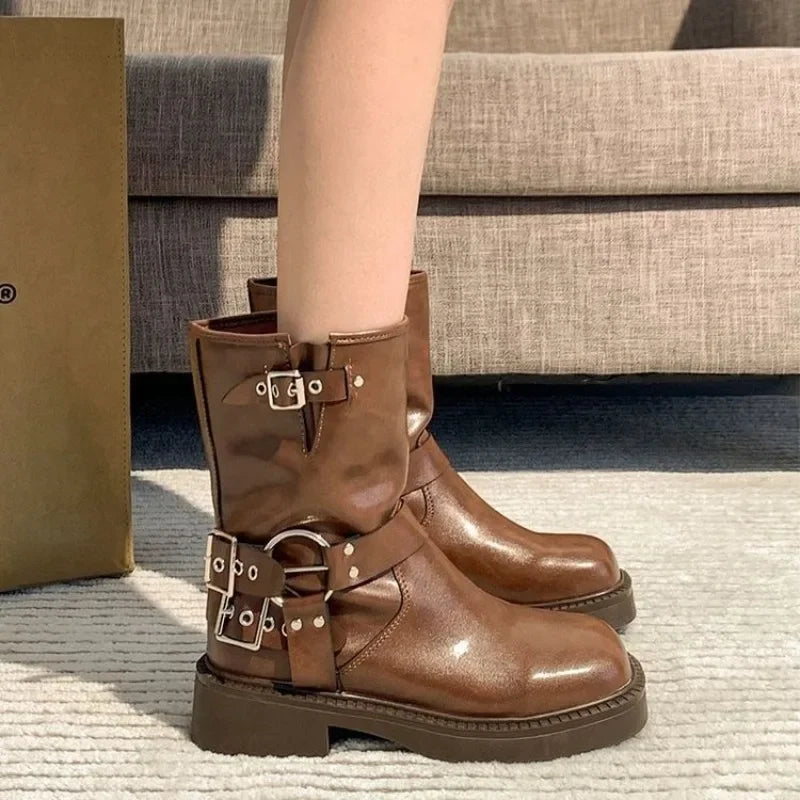 Ravella™ | Dames Biker Boots met Chunky Zool en Gespen | Stoere Leren Laarzen