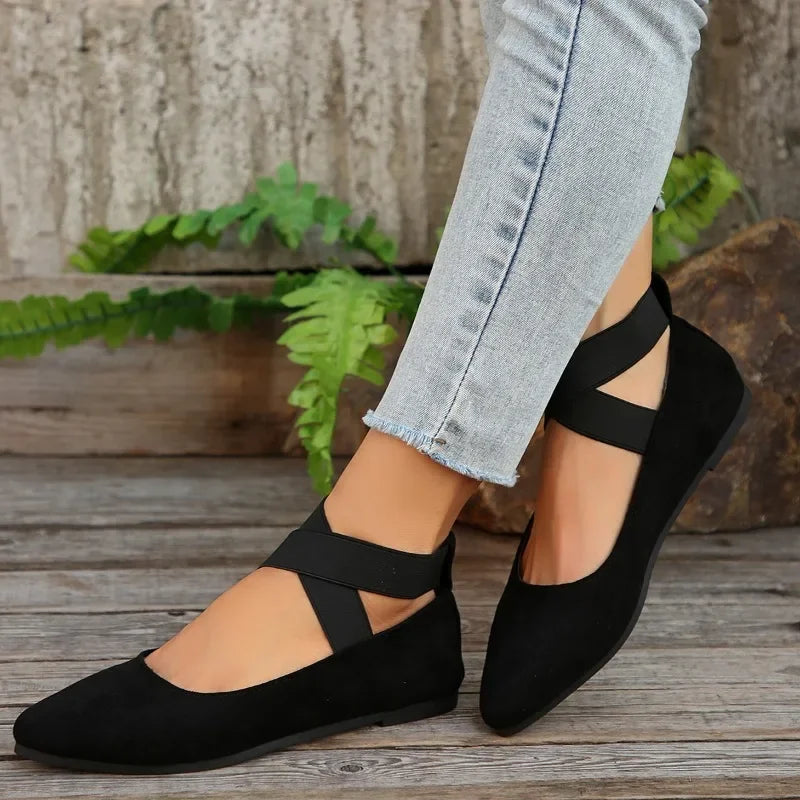 Lunelle™ | Dames Instapschoenen met Kruisband | Comfortabele Suèdelook Flats met Spitse Neus en Elastische Ballerina-Stijl
