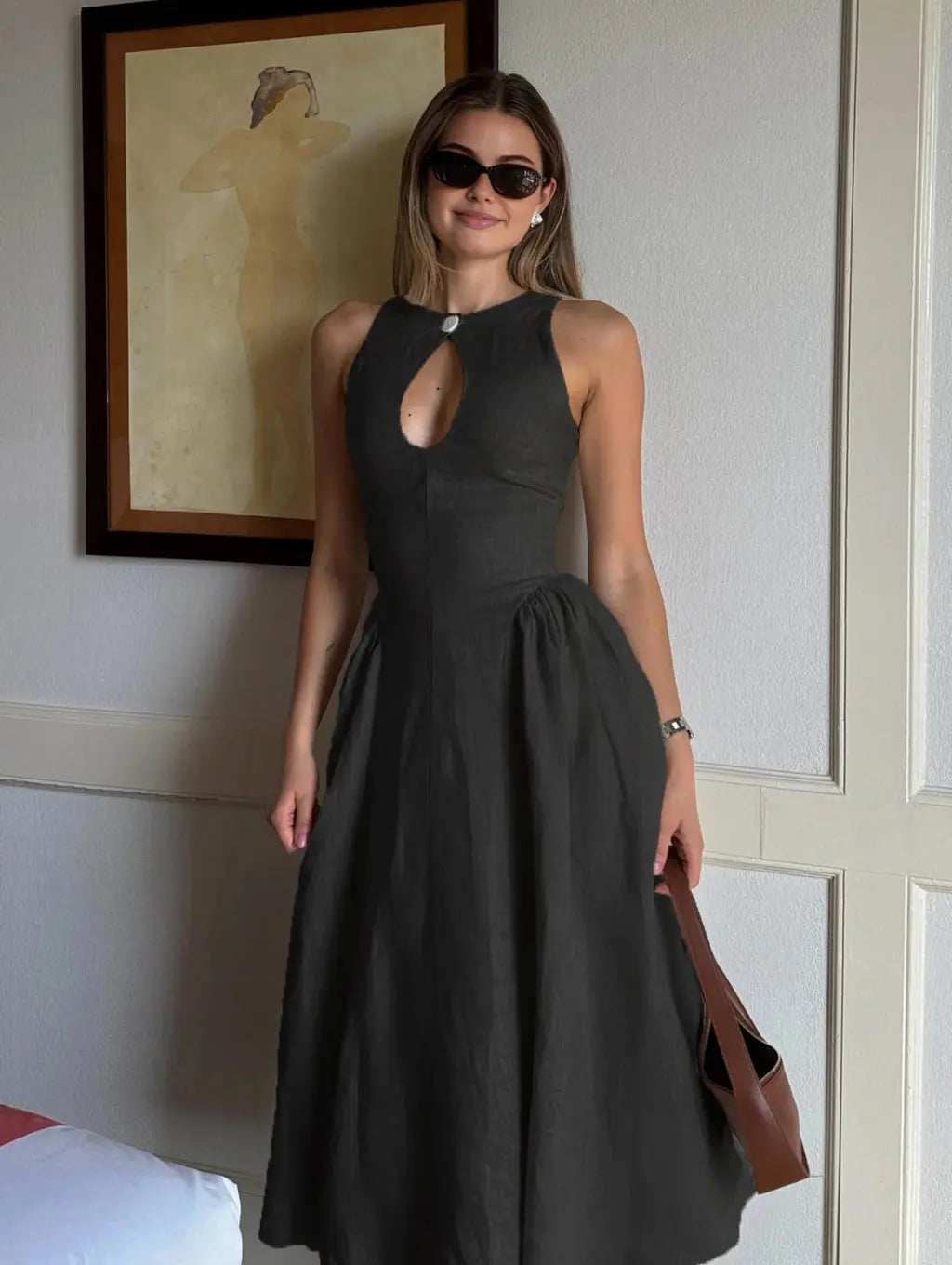 Liora | Linnen Maxi-Jurk Dames | Luchtige Zomerjurk | Mouwloos | Keyhole Hals | A-Lijn | Elegant & Minimalistisch