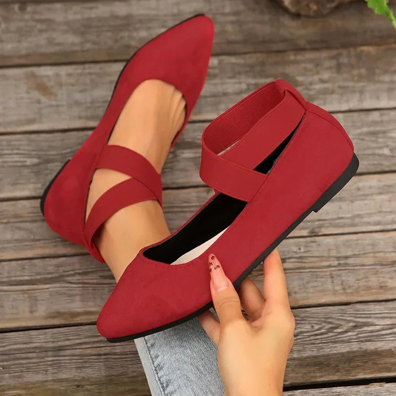 Lunelle™ | Dames Instapschoenen met Kruisband | Comfortabele Suèdelook Flats met Spitse Neus en Elastische Ballerina-Stijl