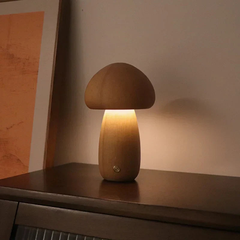 MushLume™ | Houten Tafellamp met Touchbediening | Sfeervolle Oplaadbare LED Verlichting met Warme Gloed