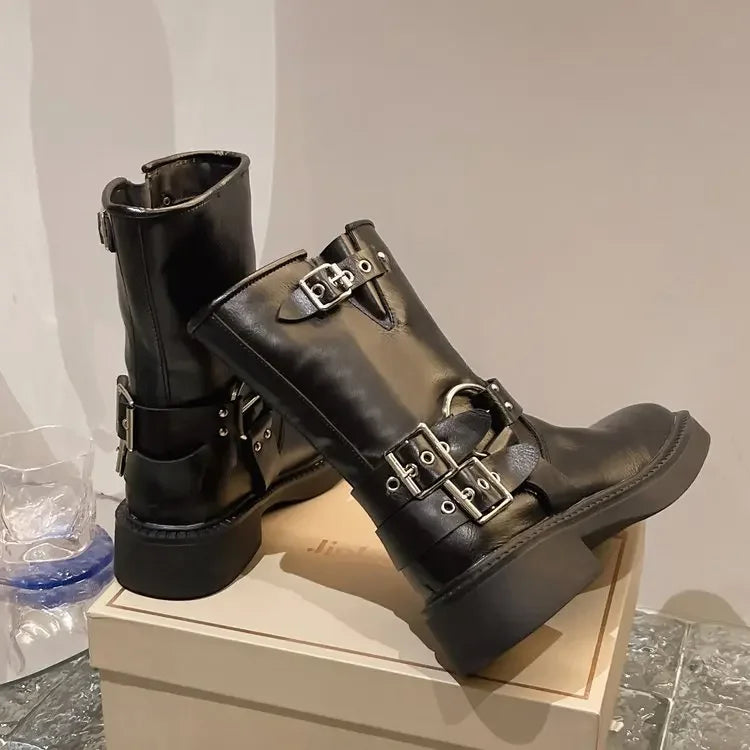Ravella™ | Dames Biker Boots met Chunky Zool en Gespen | Stoere Leren Laarzen