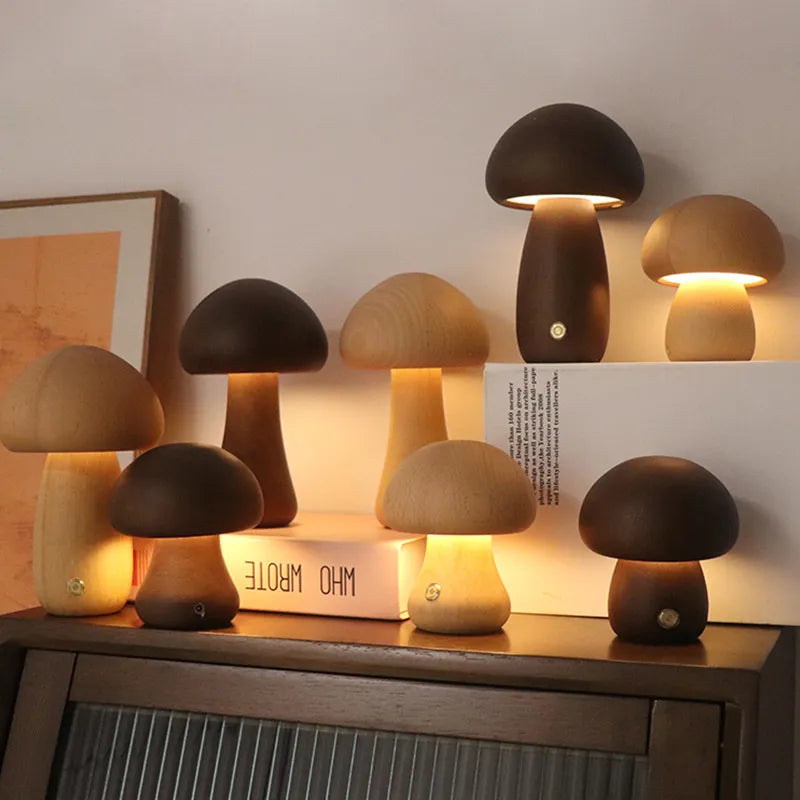 MushLume™ | Houten Tafellamp met Touchbediening | Sfeervolle Oplaadbare LED Verlichting met Warme Gloed