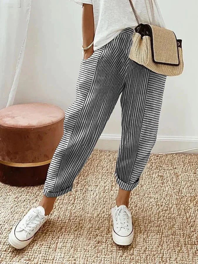 Linea | Gestreepte Damesbroek | Luchtige Zomerbroek | Elastische Taille met Trekkoord | Losvallende Casual Broek